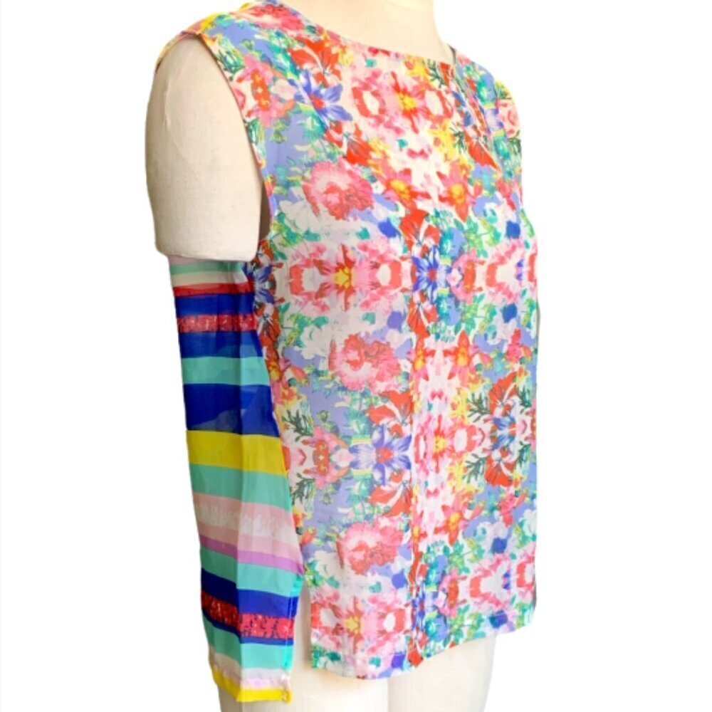 Daisy Fuentes Sheer Sleeveless Tank/Shell Top Mixed Floral/Stripes Sz M‎ #17H